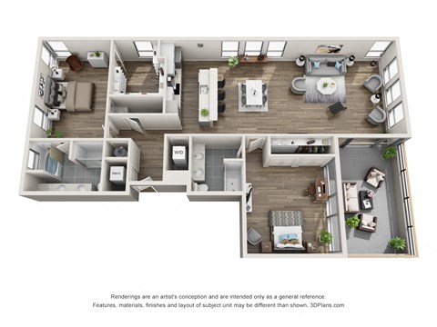 Floor plan for 2 beds, 2 baths, 1371 sqft